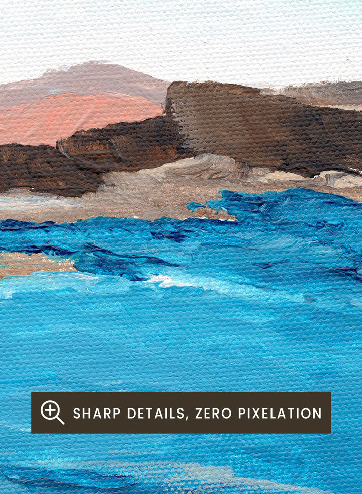 A framed landscape painting depicting a coastal scene with bright blue ocean water, sandy shore, dark rocky cliffs, and distant hills under a pale sky. Shop Rocky Coastal Waters by Nikita Jariwala, a coastal wall art print poster with blue ocean water, rocky cliffs, and a peaceful seaside view.