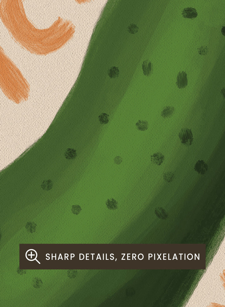 An art print featuring a hand-drawn green pickle centered on a cream background, surrounded by a blue scalloped border. The words &
