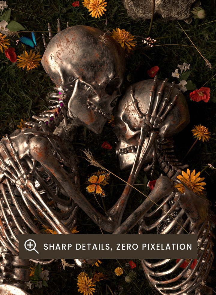 Skeletons In Love by Nicebleed is a surreal skeleton couple art print featuring intertwined skeletons in a floral field, modern aesthetic wall poster.