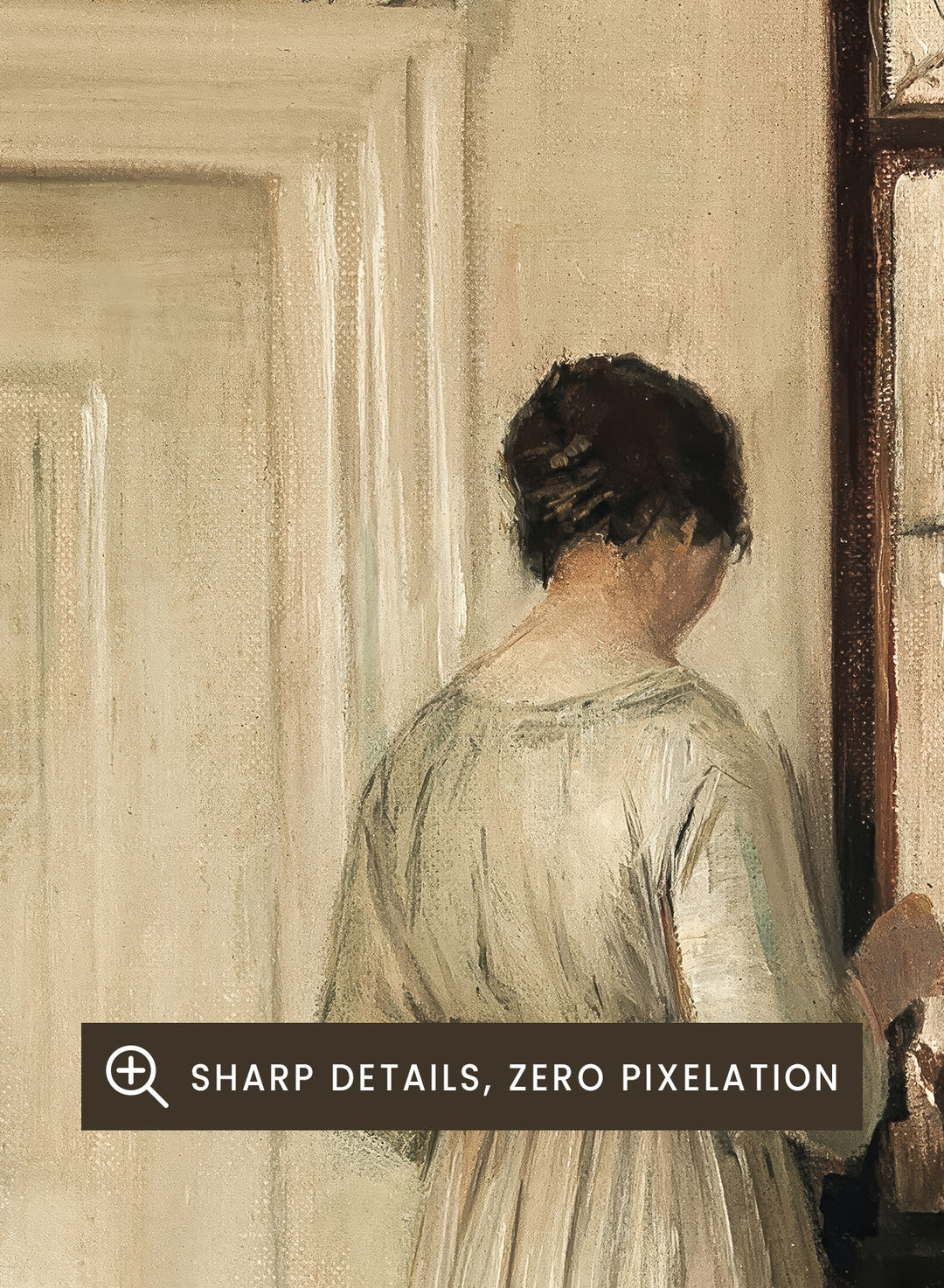 Woman in a white dress standing in a room with a door and shelves filled with items. Woman Making Tea by Carl Holsøe is a vintage Danish interior art print featuring Scandinavian home interiors, muted tones, natural light, and a woman preparing tea.