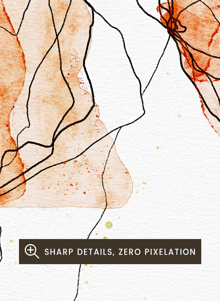 Abstract floral art print featuring two watercolor-style peach and orange flower shapes with thin black line details on a white background. Shop Abstract Peach Flowers by Ankie Kooi, a floral wall art print poster with abstract botanical line art, watercolor flowers, peach, orange, and black.