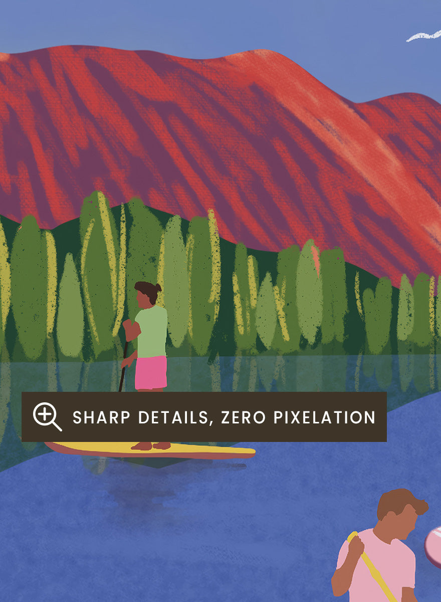 A framed art print featuring a colorful, stylized illustration of people paddleboarding and relaxing on a lake with mountains in the background. Paddleboard Lake Life by Ceyda Alasar outdoor art print featuring paddleboarders, mountain scenery, wildflowers, picnic blankets, and a lakeside dog.
