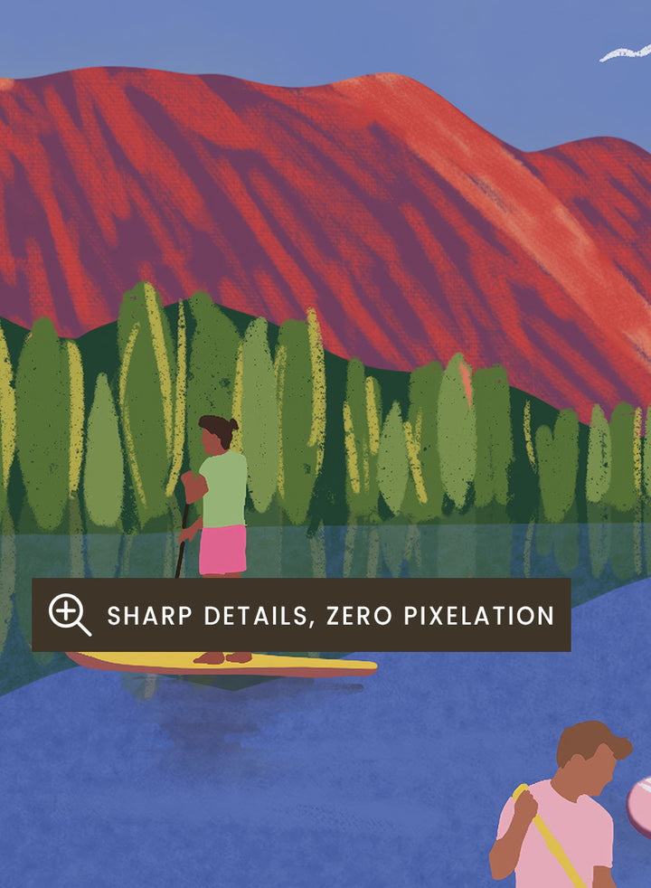 A framed art print featuring a colorful, stylized illustration of people paddleboarding and relaxing on a lake with mountains in the background. Paddleboard Lake Life by Ceyda Alasar outdoor art print featuring paddleboarders, mountain scenery, wildflowers, picnic blankets, and a lakeside dog.