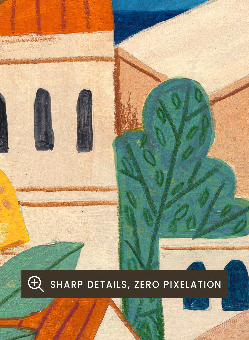 Illustration of a woman on a scooter with lemon trees and a coastal town in the background. Lemon Grove Scooter Ride by Caroline Bonne Müller summer coastal illustration art print with lemons, scooter and seaside town, colorful wall art poster