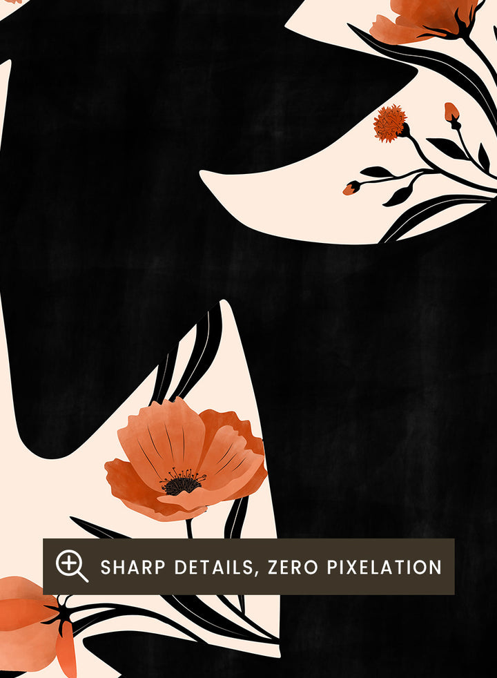 Shop Floral Dove Flight by Elena Ristova, a modern bird wall art print poster featuring cream doves filled with terracotta flowers on a black background.