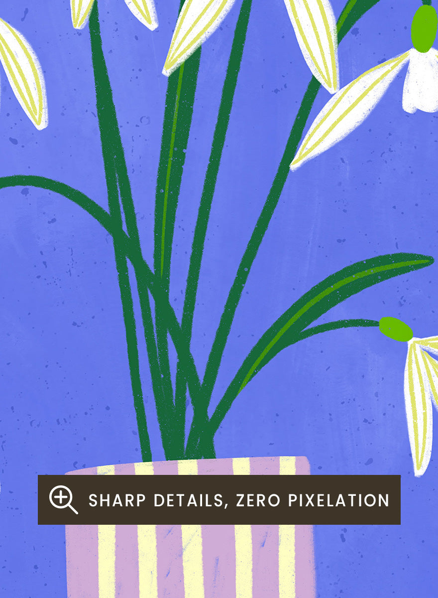A framed art print featuring a stylized illustration of white snowdrops with green stems in a lavender and cream striped vase, set against a blue and dark green background. Snowdrops in Striped Vase by Bea Müller fine art print featuring white snowdrops, a lilac striped vase, and a deep blue background.