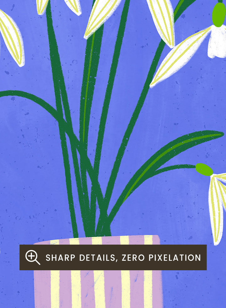 A framed art print featuring a stylized illustration of white snowdrops with green stems in a lavender and cream striped vase, set against a blue and dark green background. Snowdrops in Striped Vase by Bea Müller fine art print featuring white snowdrops, a lilac striped vase, and a deep blue background.