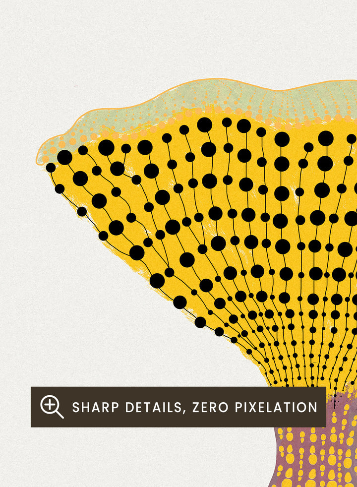 Futuristic mushroom design with psychedelic text on a white background. Mahō no Kinoko psychedelic chanterelle mushroom art print with Japanese typography, modern botanical illustration poster, contemporary mushroom wall art.