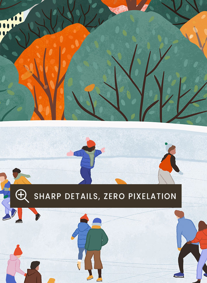 A framed art print depicting a city skyline with autumn trees and a large white ice rink filled with small illustrated people skating. Autumn City Ice Skating by Ceyda Alasar city art print featuring a lively outdoor rink, fall trees, skaters, and a colorful urban skyline.