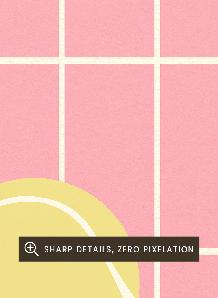 Two yellow tennis balls on a pink grid background with a green stripe at the bottom. Tennis Kitchen by Rosi Feist is a modern minimalist fine art print featuring oversized tennis balls on pink tile. Officially licensed wall poster with optional artisan framing.