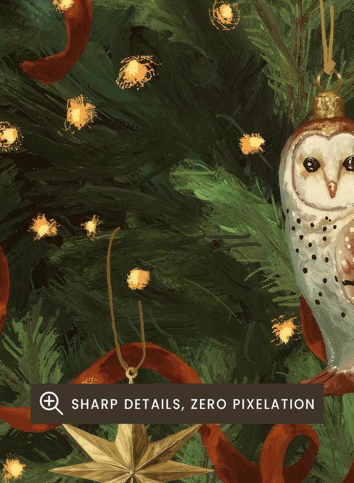 Shop Magical Christmas Tree by NKTN, a festive Christmas wall art print poster featuring woodland ornaments, moons, stars, ribbon, and glowing tree lights.