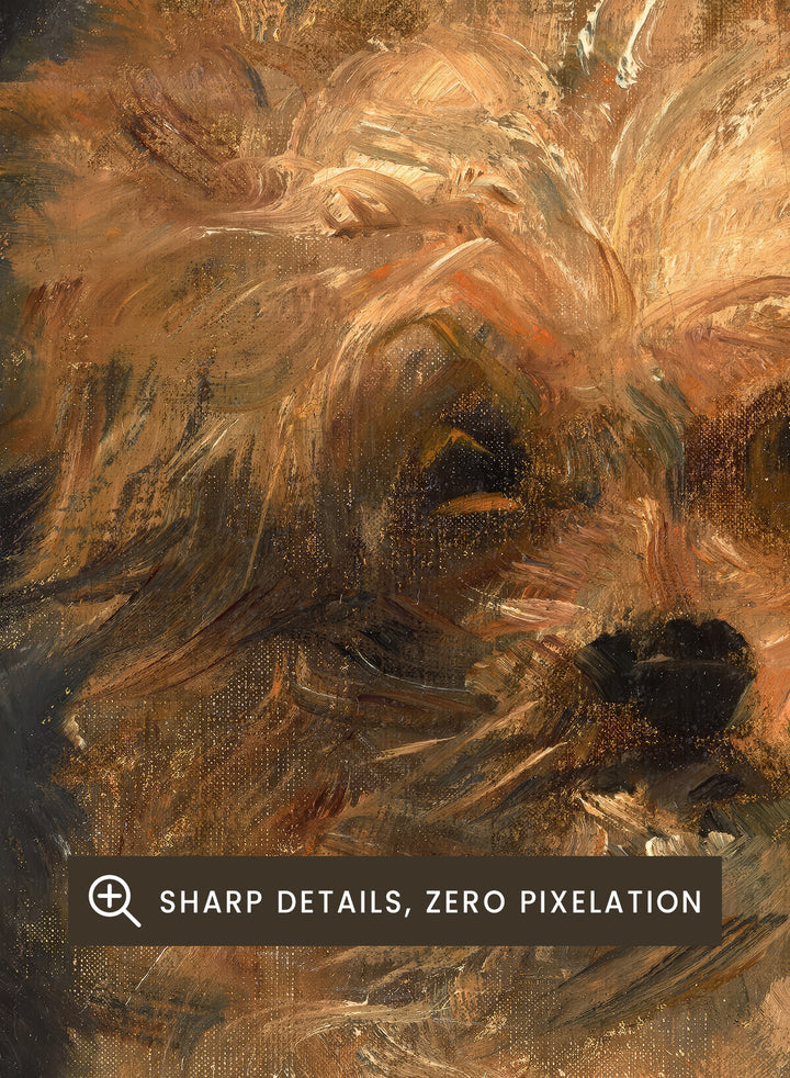 A painted portrait of a small fluffy dog, likely a terrier mix, rendered in warm tan, cream, and brown brushstrokes against a dark charcoal background. Head of the Dog "Bob" by Édouard Manet is a vintage dog portrait print featuring a scruffy terrier&