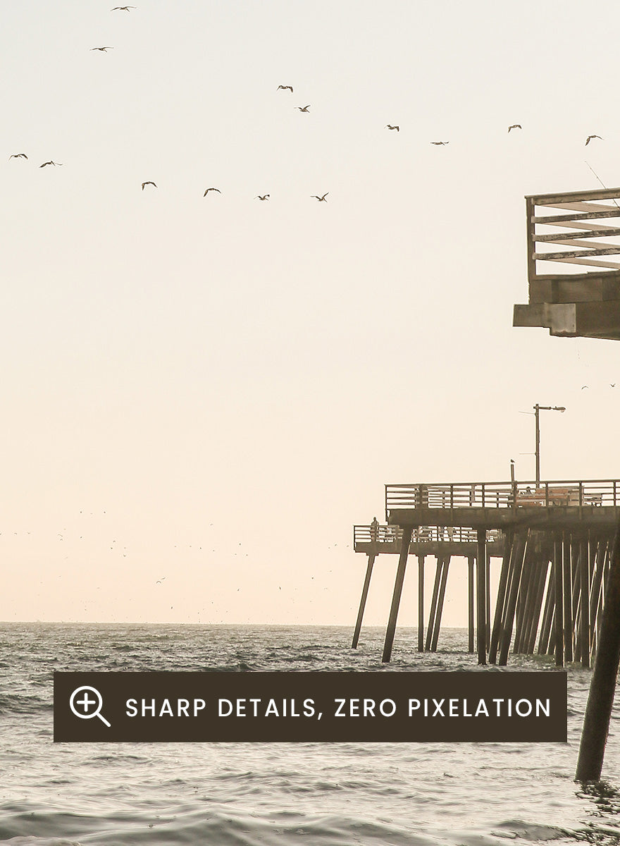 A framed photographic art print depicting a pier extending over a calm ocean under a pale sky, with birds flying across the scene. Seaside Serenity by Shot by Clint coastal photography print featuring ocean waves, a weathered pier, flying birds, and soft sunlit tones.