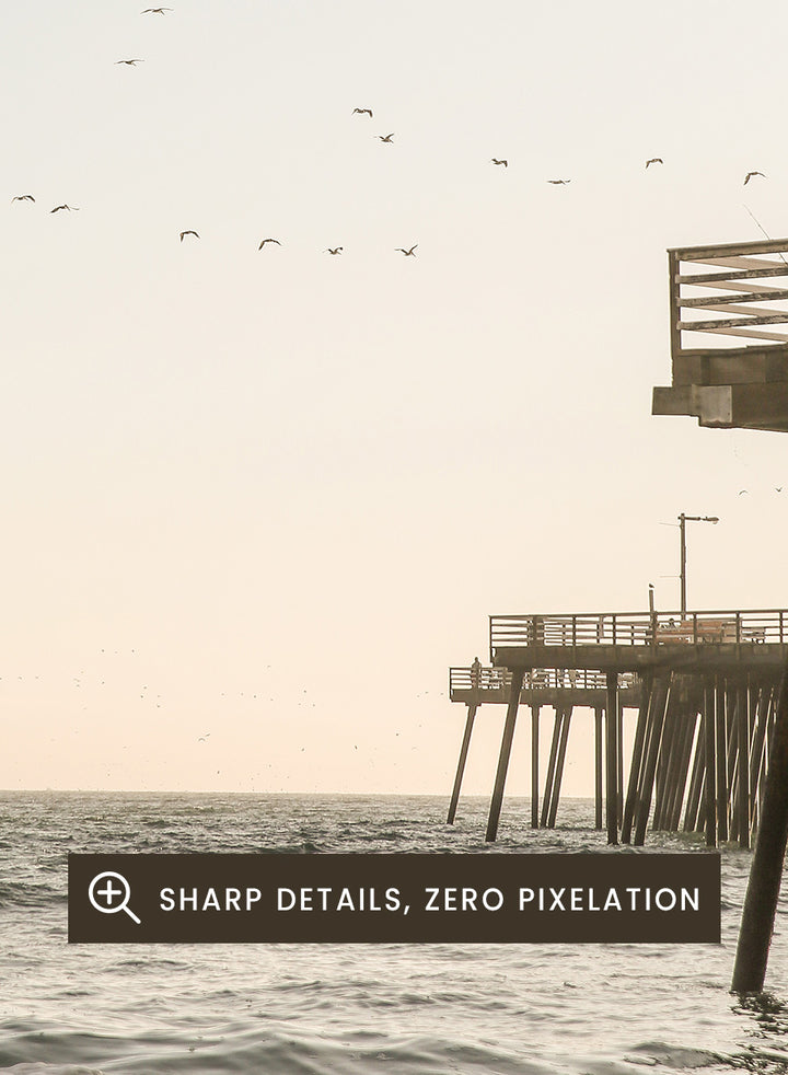 A framed photographic art print depicting a pier extending over a calm ocean under a pale sky, with birds flying across the scene. Seaside Serenity by Shot by Clint coastal photography print featuring ocean waves, a weathered pier, flying birds, and soft sunlit tones.