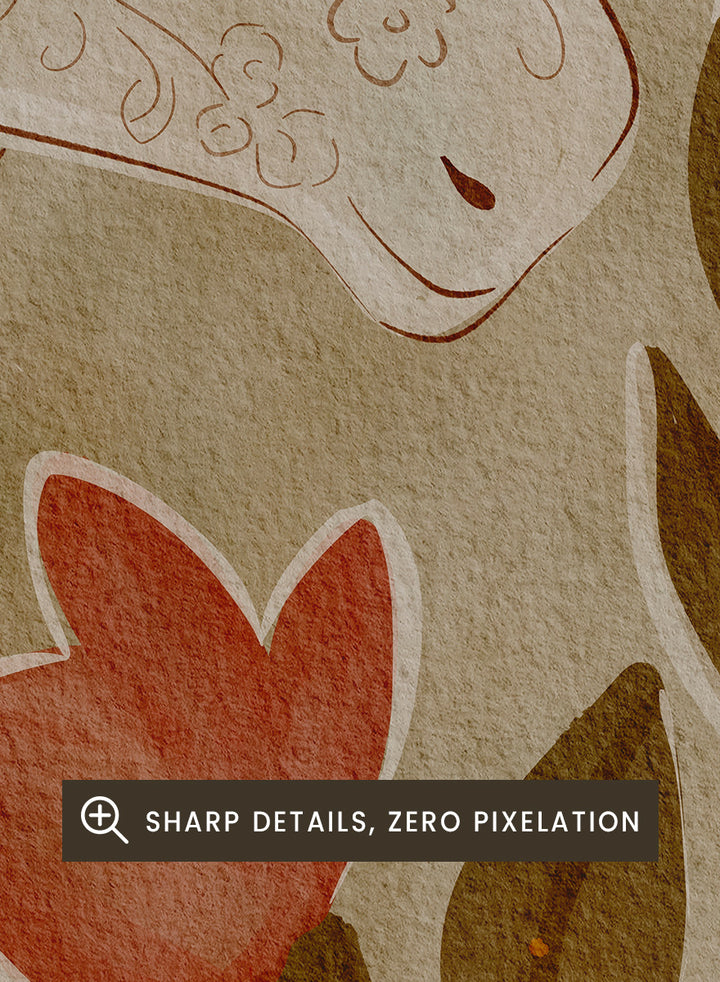 A close-up of a decorative textile or rug pattern featuring a stylized horse head in cream with floral line details, surrounded by brown leaves and a red flower on a beige background. Shop Elegant Floral Horse by Nikita Jariwala, a decorative horse wall art print featuring botanical details, folk-inspired pattern, and warm earthy neutral tones.