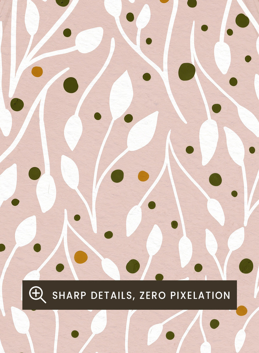 Shop Ornament On Pink by Katie O’Shea, a botanical Christmas wall art print poster featuring white leafy branches, green and gold details, and a dusty pink background.