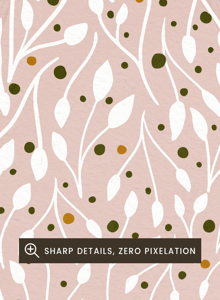 Shop Ornament On Pink by Katie O’Shea, a botanical Christmas wall art print poster featuring white leafy branches, green and gold details, and a dusty pink background.
