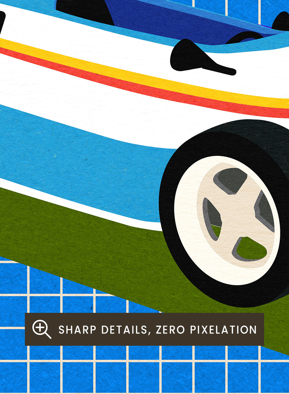 Poster of a race car with 'Superfast Race Car' text on a grid background. Superfast Race Car by Rosi Feist is a modern race car art print with bold graphic color, retro motorsport style, and contemporary poster design.