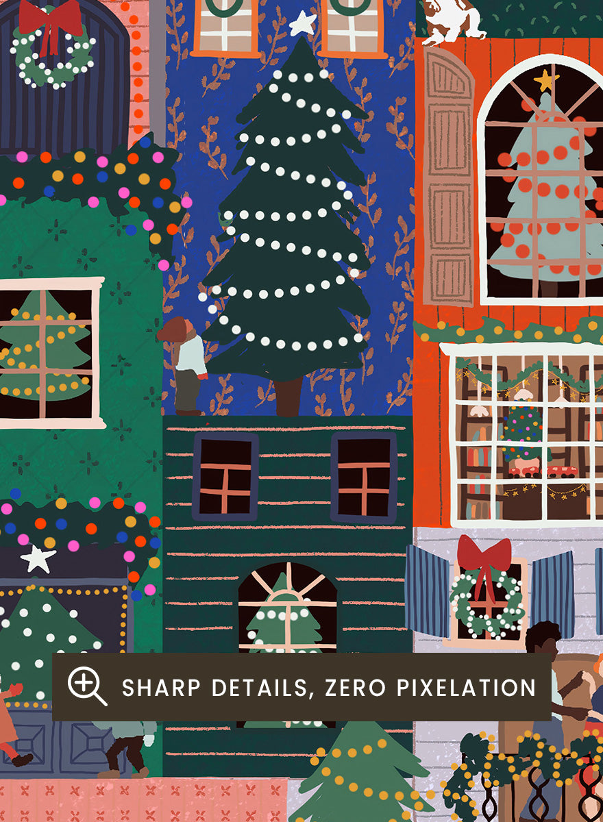 Shop Festive Christmas Town by Ceyda Alasar, a colorful Christmas wall art print poster featuring a lively holiday town filled with decorated homes and festive scenes.