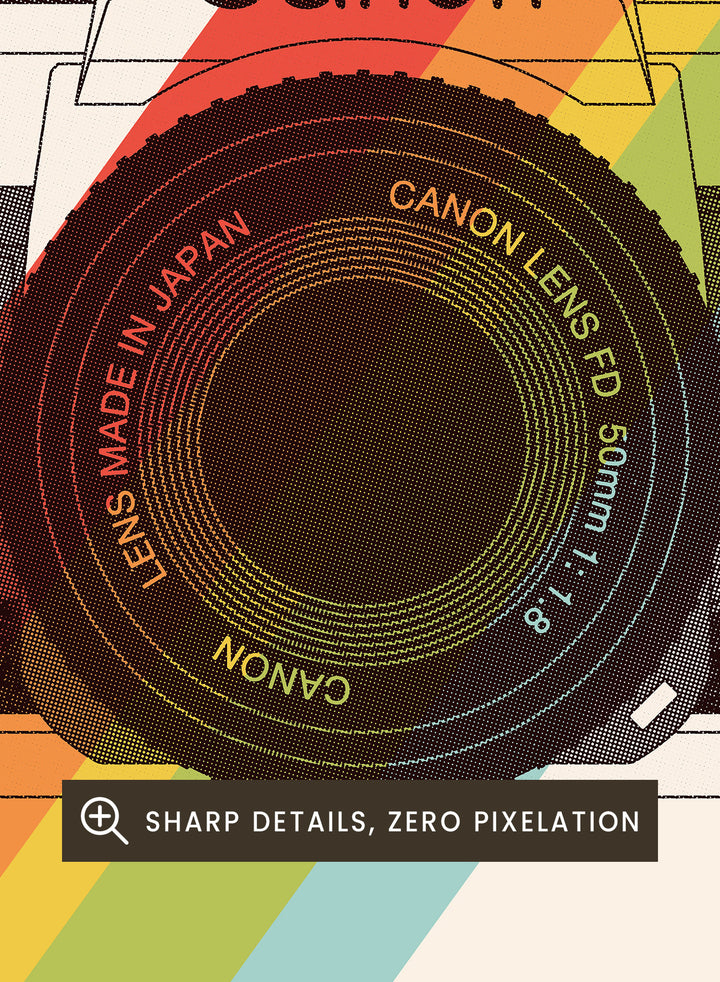 Poster of a camera with a rainbow stripe and text about a photography club. Retro Photography Club by Florent Bodart is a vintage camera art print with bold color and typography, a modern retro wall poster inspired by classic photography design.