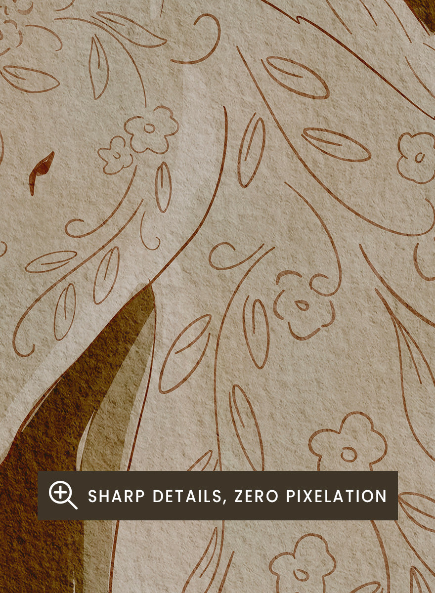 Shop Gentle Floral Horses by Nikita Jariwala, a decorative horse wall art print featuring two horses, botanical pattern, folk-inspired detail, and warm earthy tones.