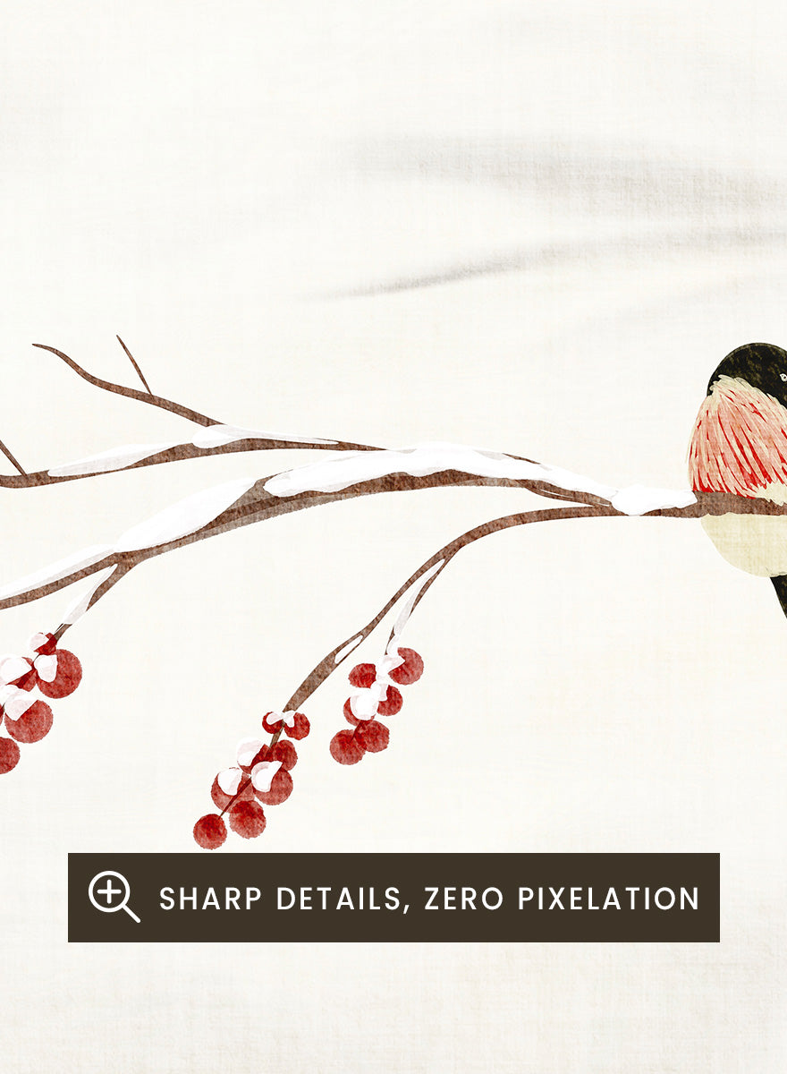 Shop Winter Bird With Berries by Nikita Jariwala, a winter bird wall art poster print featuring snowy branches, red berries, soft neutrals, and delicate seasonal detail.