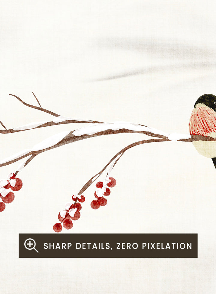 Shop Winter Bird With Berries by Nikita Jariwala, a winter bird wall art poster print featuring snowy branches, red berries, soft neutrals, and delicate seasonal detail.