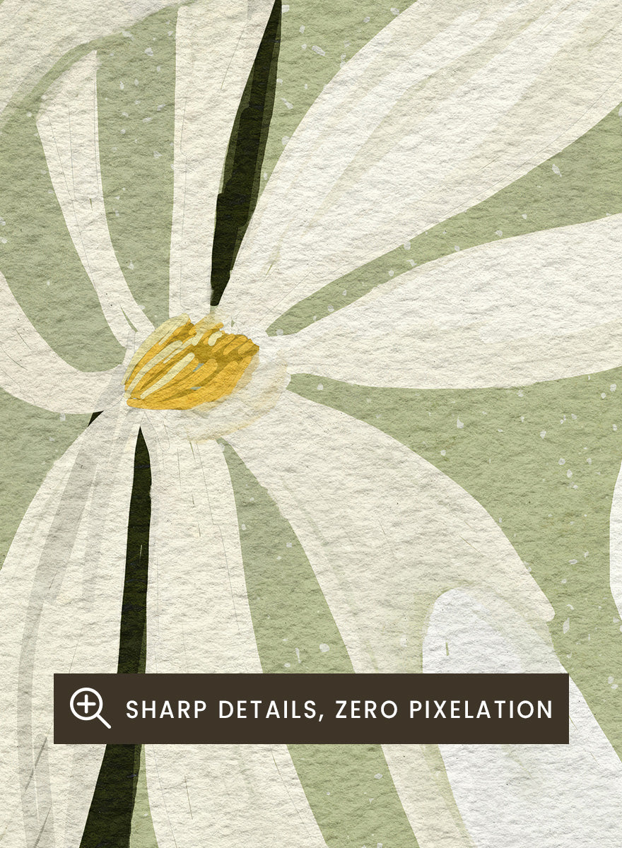 A botanical art print featuring white magnolia flowers with yellow centers and dark green stems on a muted sage green background. Shop Star Magnolia Floral Art Print by Katie O&