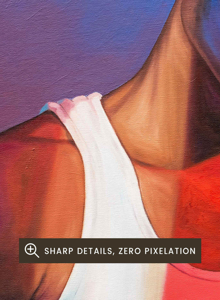 A stylized portrait painting of a man wearing a red cap, a white tank top with &