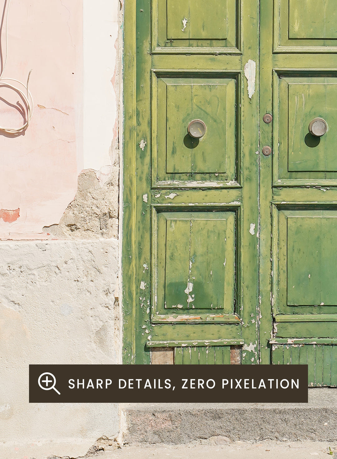 Green door on a pink wall with peeling paint. Old World Green Door by Henrike Schenk features a vintage European doorway, weathered architecture, pastel walls, travel photography, and wall art.