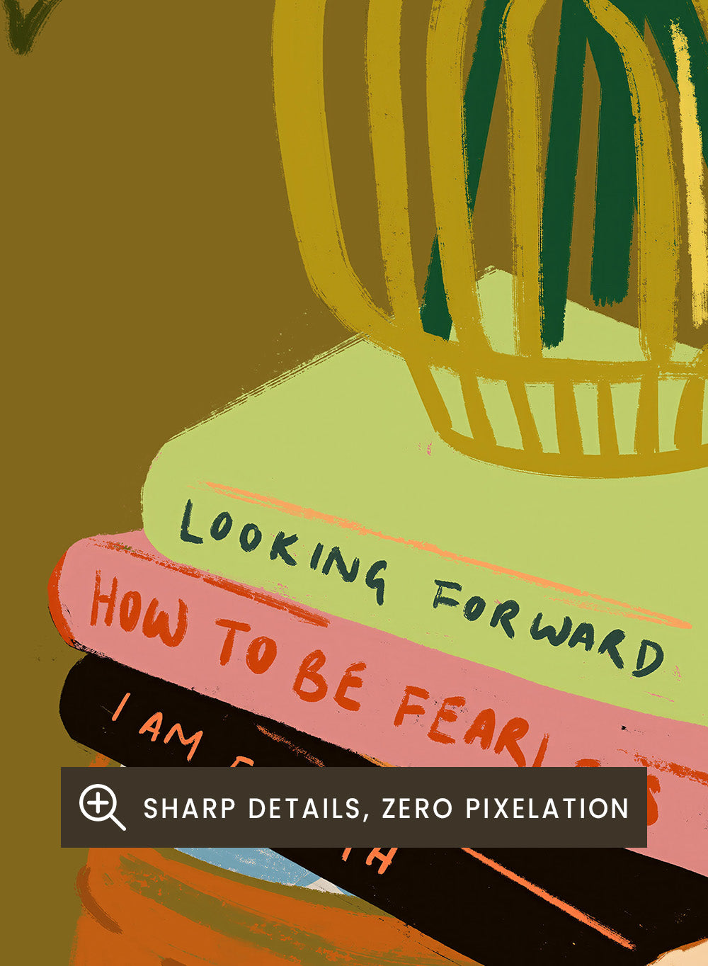 Vase with flowers on a stack of books on a stool against a green background. Floral Vase by Arty Guava is a modern flower still life art print with a striped vase and book stack. Officially licensed wall poster.