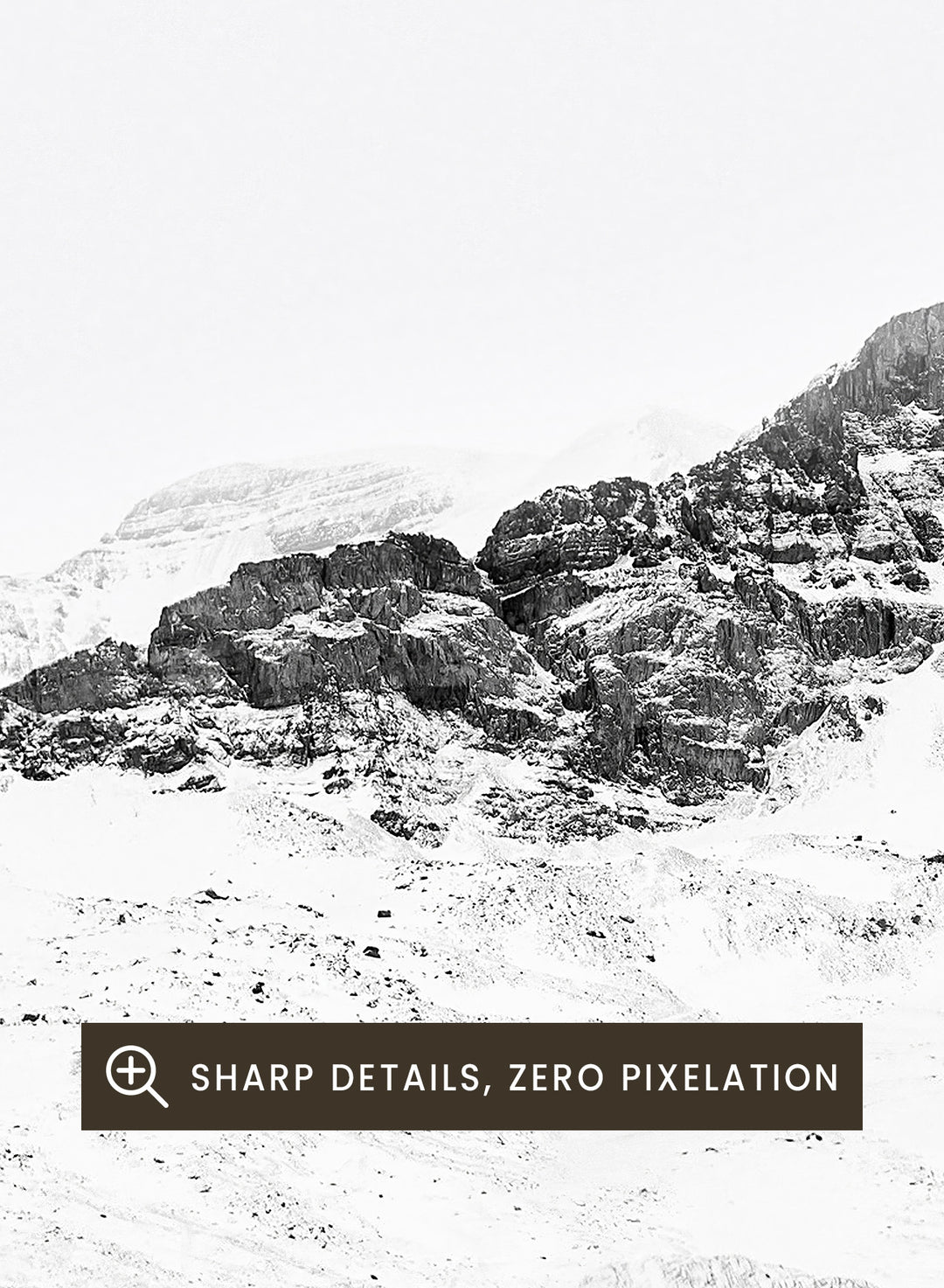 Black and white mountain landscape with 'Mountains Natura' text. Serene Peaks by The MIUUS Studio is a black and white mountain photography art print and wall poster featuring snowy peaks, minimalist composition, and modern neutral design.