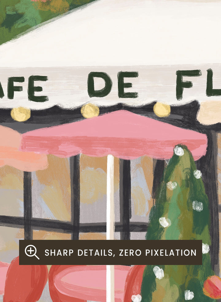 A colorful illustrated Paris street scene with the Eiffel Tower, a cafe exterior labeled Cafe de Flore, a cyclist, a seated painter, flowers, and a French flag. Shop Paris Cafe Life by Nidhi Kachhadiya, a colorful Paris wall art print inspired by French café culture, the Eiffel Tower, and charming European city life.