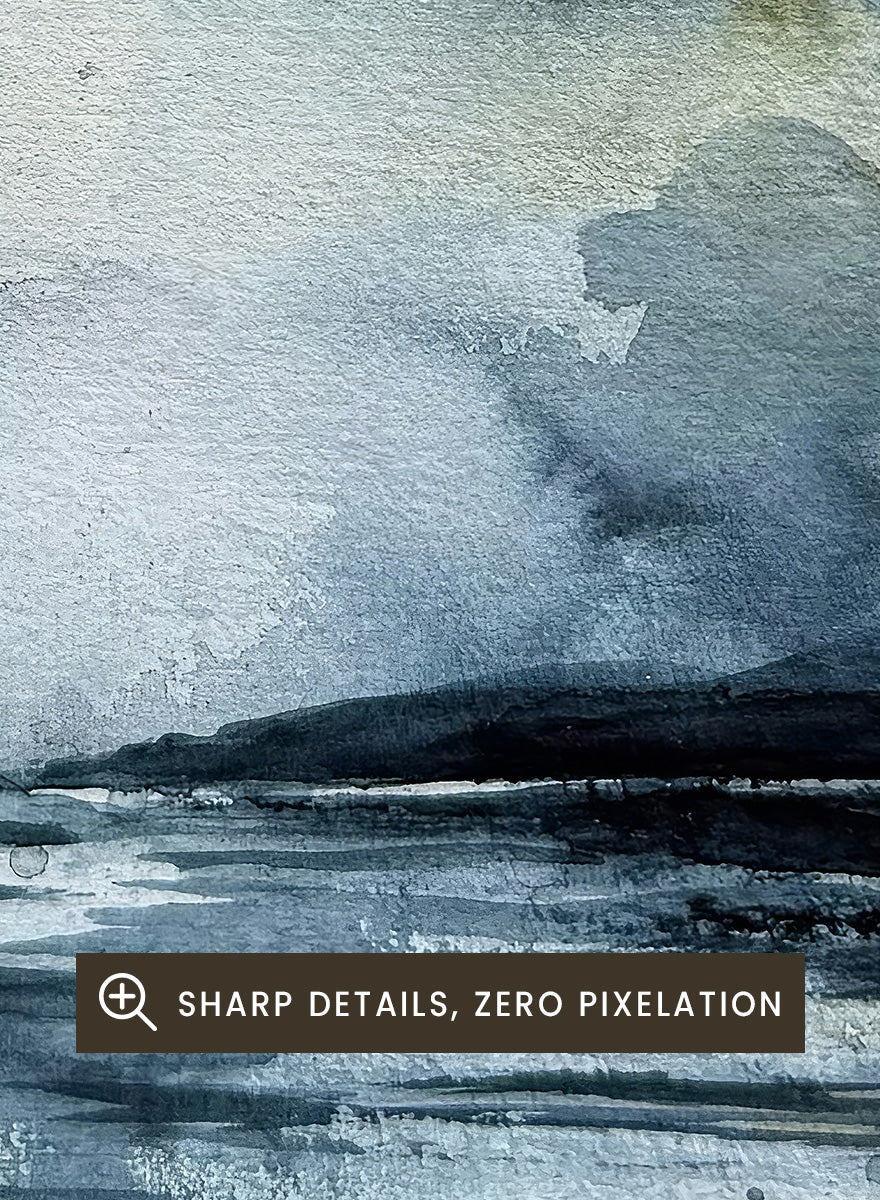 Shop Moody Sea Horizon by Helena Ryhle, a watercolor sea landscape wall art print poster with a blue-grey horizon and atmospheric coastal mood.