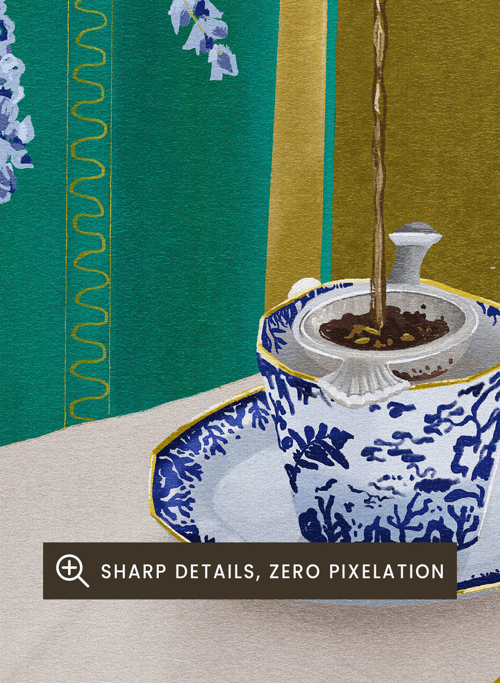 Tea being poured from a teapot into a cup on a table with a vase of flowers and a glass. I Despise English Tea by Goed Blauw is a still life art print and wall poster featuring tea being poured into patterned cups with bold green and gold tones.