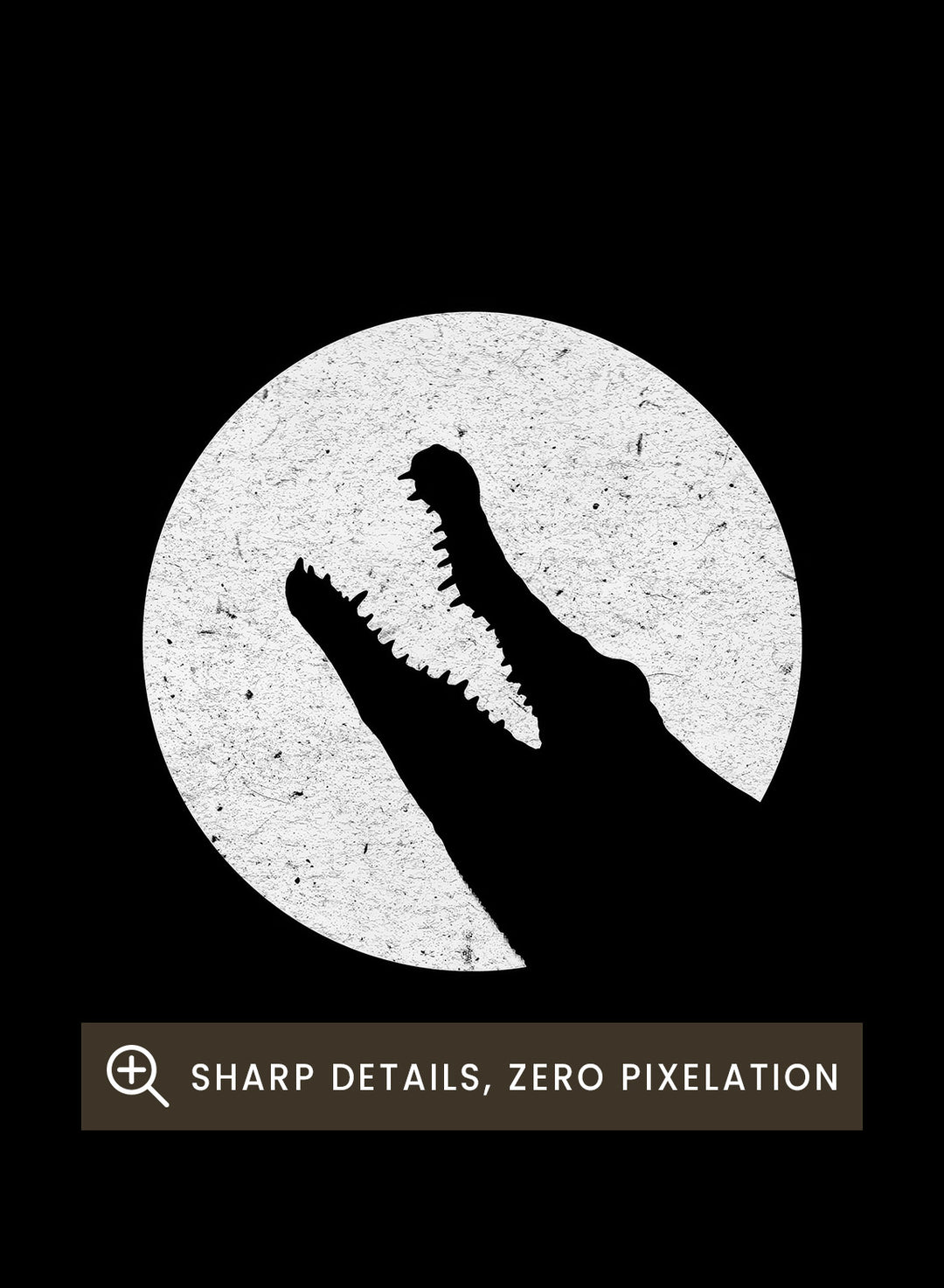 White silhouette of a dog howling at the moon pattern on a black background. Moonlit Wild Silhouettes by Florent Bodart is a minimalist animal silhouette art print with moon phases, a modern black wall poster with bold graphic design.