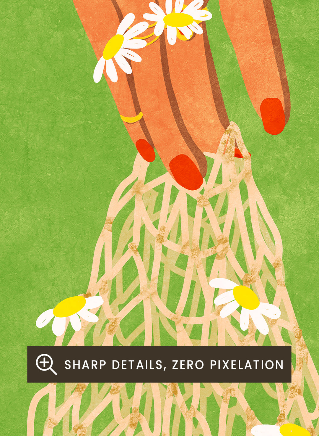 Illustration of a hand holding a bag of oranges with a green background. Fresh Oranges by Raissa Oltmanns fine art print featuring modern fruit illustration, stylish feminine hand art, contemporary kitchen wall decor poster.