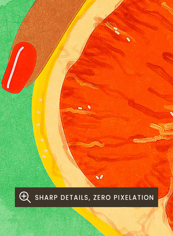 Illustration of a hand holding a sliced orange against a green background. Fruit Lover wall art print by Raissa Oltmanns blends playful citrus and intimate symbolism in a contemporary modern aesthetic poster.
