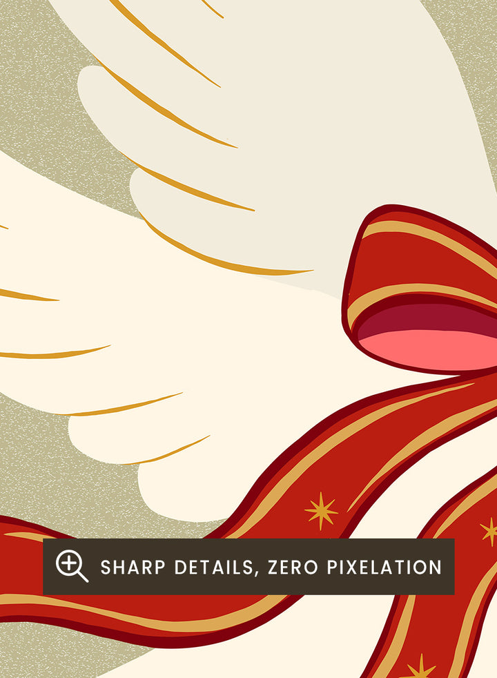 Shop Peace And Glam Dove by Dominique Vari, a festive dove wall art print poster featuring a red bow, olive branch, retro stars, and playful holiday typography.