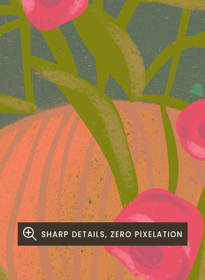 Shop Pink Flowers Orange Vase by Nikita Jariwala, a floral wall art print poster with bold pink blooms, an orange vase, olive stems, and deep green tones.