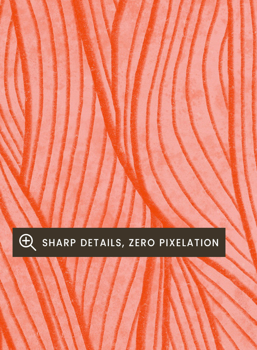 An art print featuring an illustration of a woman with dark curly hair wrapped in a flowing coral-orange patterned dress against a solid pink background. Coral Woman Dreaming by Bea Müller portrait art print featuring a woman wrapped in a flowing coral dress with fine red lines and modern graphic detail.