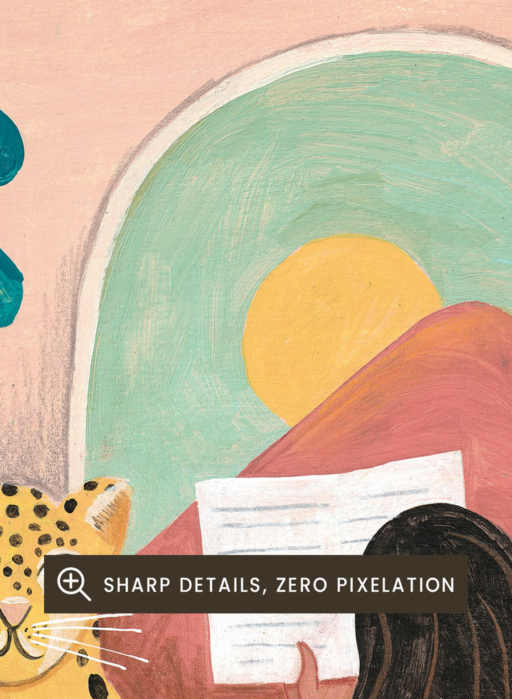 Illustration of a woman reading a book with a leopard and cat in a room filled with plants. Girl Reading Tropical Bath by Caroline Bonne Müller fine art print, wall art poster with bold color, tropical interior, modern playful aesthetic design.