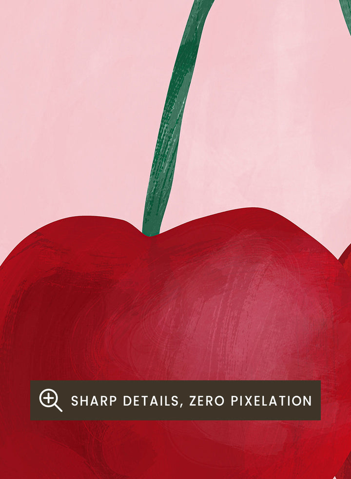 Two red cherries with a green stem on a pink background. Red cherries art print by Elena Ristova featuring two hand-painted cherries with green stems on a soft pink background. Officially licensed minimalist wall poster.