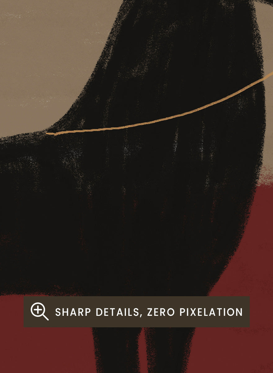 A stylized painting of a black dog silhouette standing in profile against a two-tone background with a beige upper half and a deep red lower half. Abstract Black Horse by The Art Concept animal art print featuring a tall black horse against deep red and muted taupe tones.