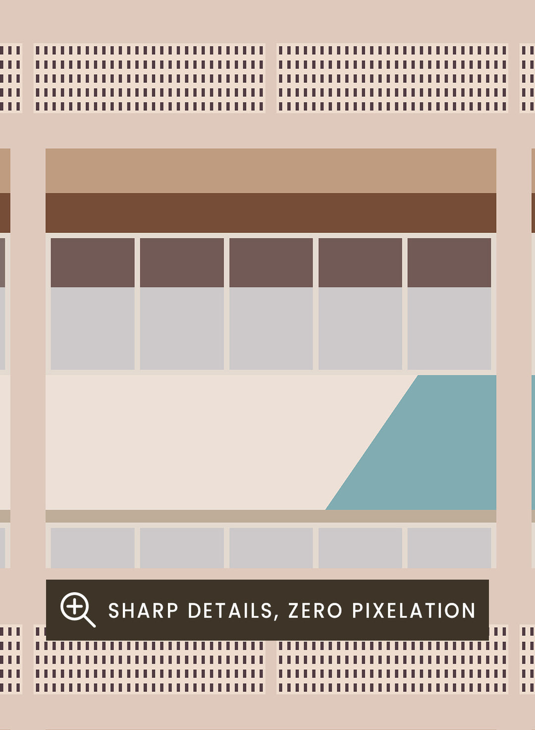 Illustration of a Bauhaus modernist building with geometric design, featuring text and Le Corbusier's name.Colorful Geometric Facade by Florent Bodart is a modern architectural art print with geometric building shapes and color blocks, a minimalist wall poster.