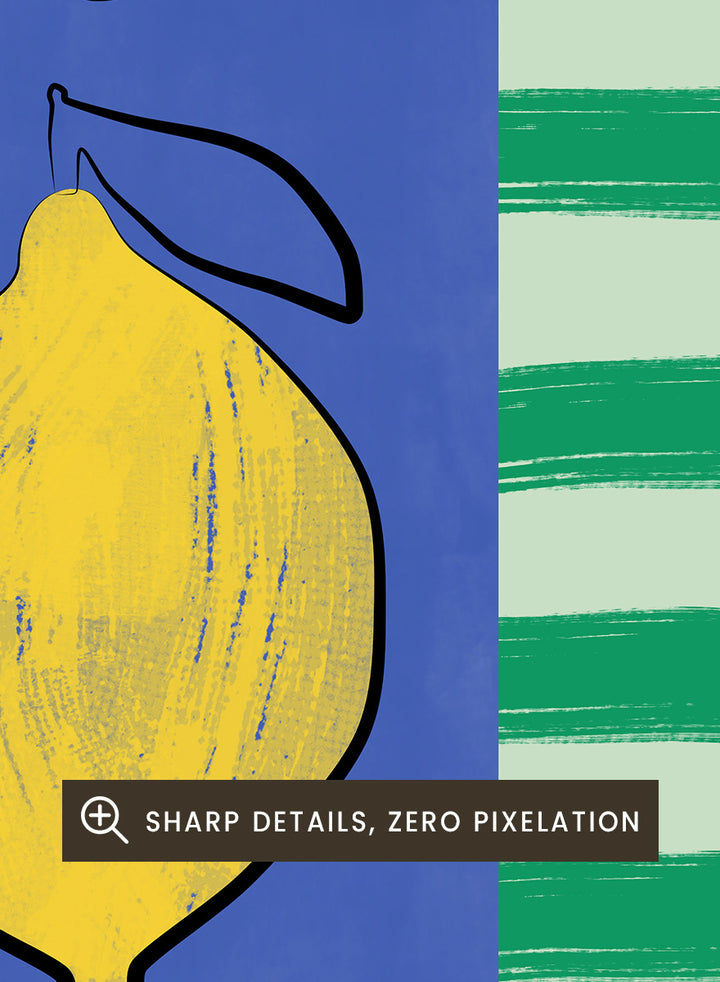 Shop Vibrant Lemons Blue Grid by Elena Ristova, a colorful lemon wall art print poster in yellow, blue, and green with a bold graphic grid design.