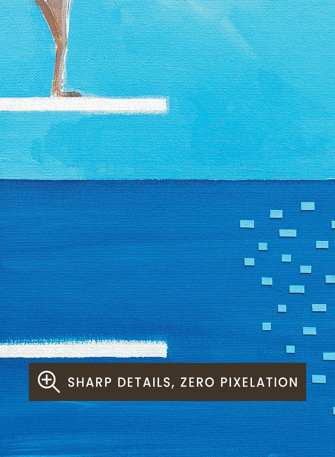Ready to Dive by Awol Art Alex is a playful modern art print featuring a striped swimmer, tall diving board, vivid blue water, and retro summer style.