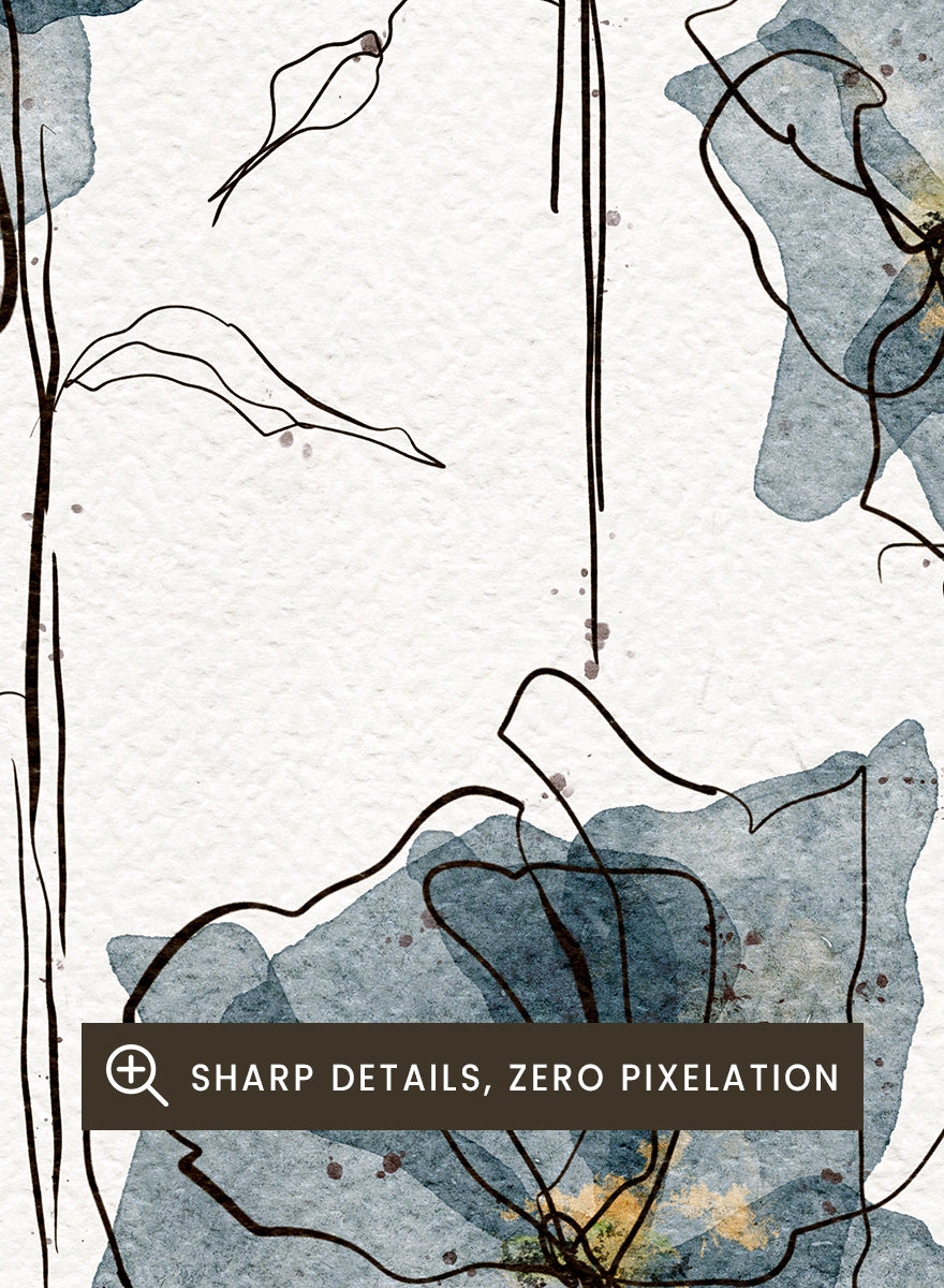 A framed watercolor and ink floral art print featuring three blue-gray flowers with black sketch lines on a white textured background. Shop Delicate Blue Blooms by Ankie Kooi, a modern floral wall art print poster featuring abstract watercolor flowers, botanical line art, blue, cream, and black.