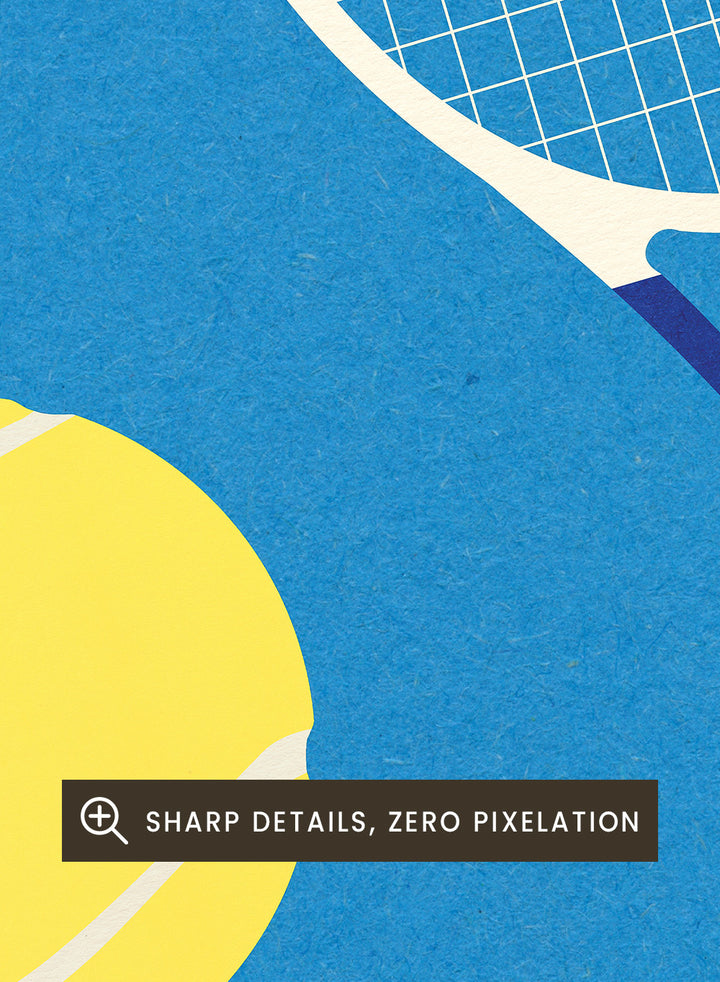 Tennis racket and ball on a blue background. Perfect Serve by Rosi Feist is a modern minimalist tennis art print featuring bold graphic color, clean lines, and Bauhaus-inspired design. Officially licensed fine art poster with framing.