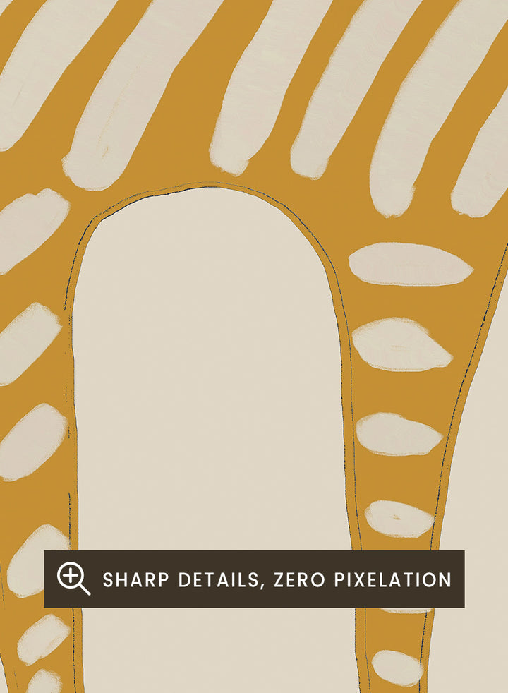 A stylized art print of a cat in a minimalist design, featuring a mustard yellow cat with white stripes and spots on a light beige background. Whimsical Striped Cat by The Art Concept cat art print featuring a mustard-yellow cat with cream stripes, long legs, and an oversized looping tail.